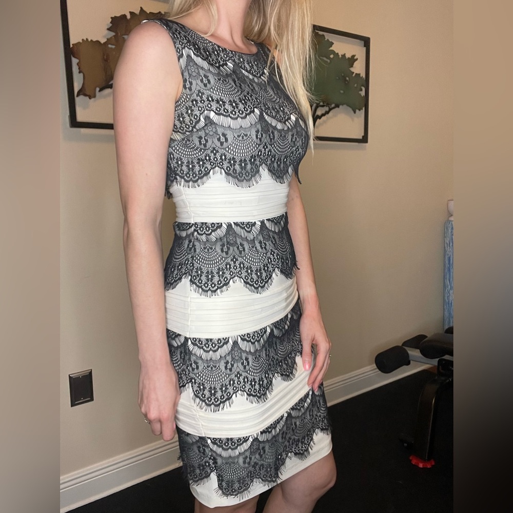 Black Lace and Cream White Fitted Cocktail Dress - Picture 2 of 8